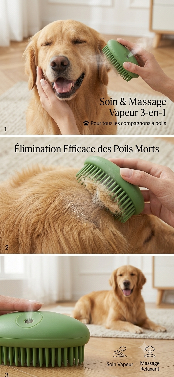 VelvetyPaws™ Brosse Anti-Poils Massage & Vapeur 3-en-1