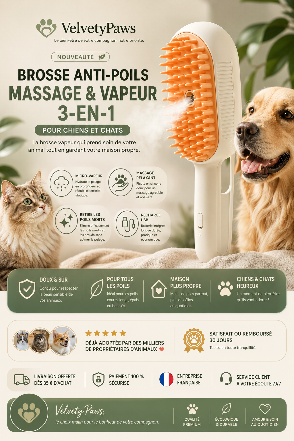 VelvetyPaws™ Brosse Anti-Poils Massage & Vapeur 3-en-1