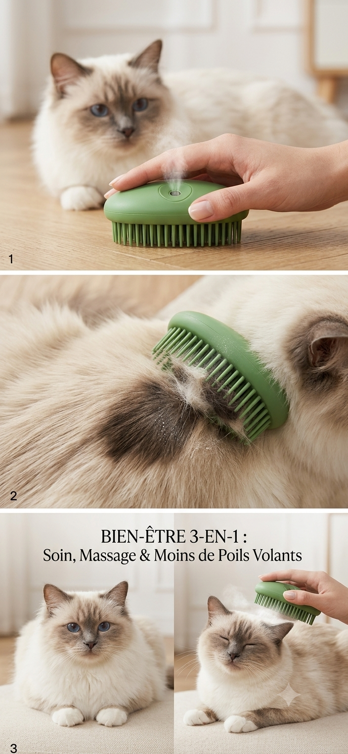 VelvetyPaws™ Brosse Anti-Poils Massage & Vapeur 3-en-1